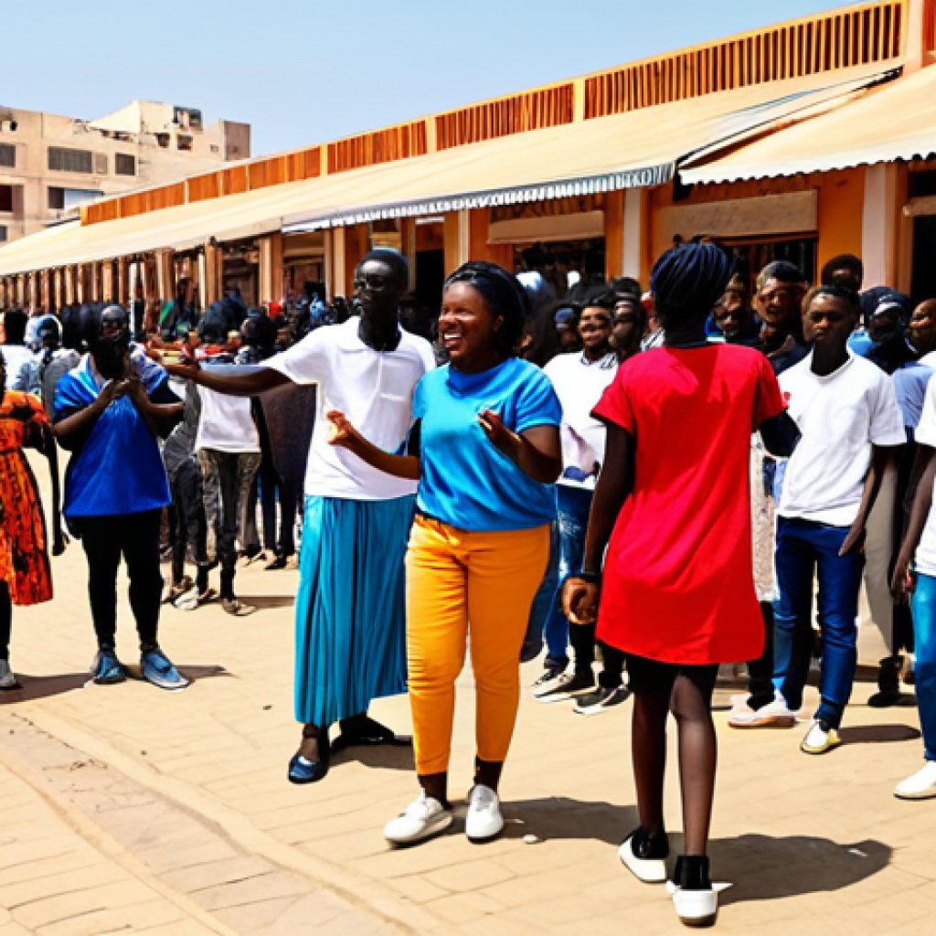 A vibrant scene of diverse Senegalese young adults and teenagers. Some are energetically performing K-pop dance moves in a bustling Mercado Kermel, while others are engrossed in watching a K-drama on a tablet at a sun-drenched seaside cafe in Dakar. Their faces reflect genuine passion, joy, and a sense of global connection. All subjects are fully clothed in modest, modern, and culturally appropriate casual wear, subtly influenced by contemporary K-fashion. The background captures the lively spirit and local architecture of Dakar. This is a high-quality professional photograph, featuring perfect anatomy, correct proportions, natural poses, well-formed hands, and natural body proportions, ensuring a safe for work, appropriate content, and family-friendly image.