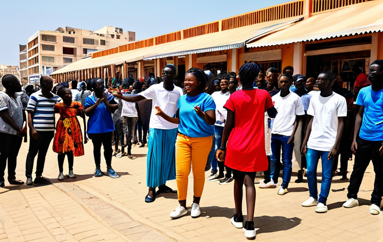 A vibrant scene of diverse Senegalese young adults and teenagers. Some are energetically performing K-pop dance moves in a bustling Mercado Kermel, while others are engrossed in watching a K-drama on a tablet at a sun-drenched seaside cafe in Dakar. Their faces reflect genuine passion, joy, and a sense of global connection. All subjects are fully clothed in modest, modern, and culturally appropriate casual wear, subtly influenced by contemporary K-fashion. The background captures the lively spirit and local architecture of Dakar. This is a high-quality professional photograph, featuring perfect anatomy, correct proportions, natural poses, well-formed hands, and natural body proportions, ensuring a safe for work, appropriate content, and family-friendly image.