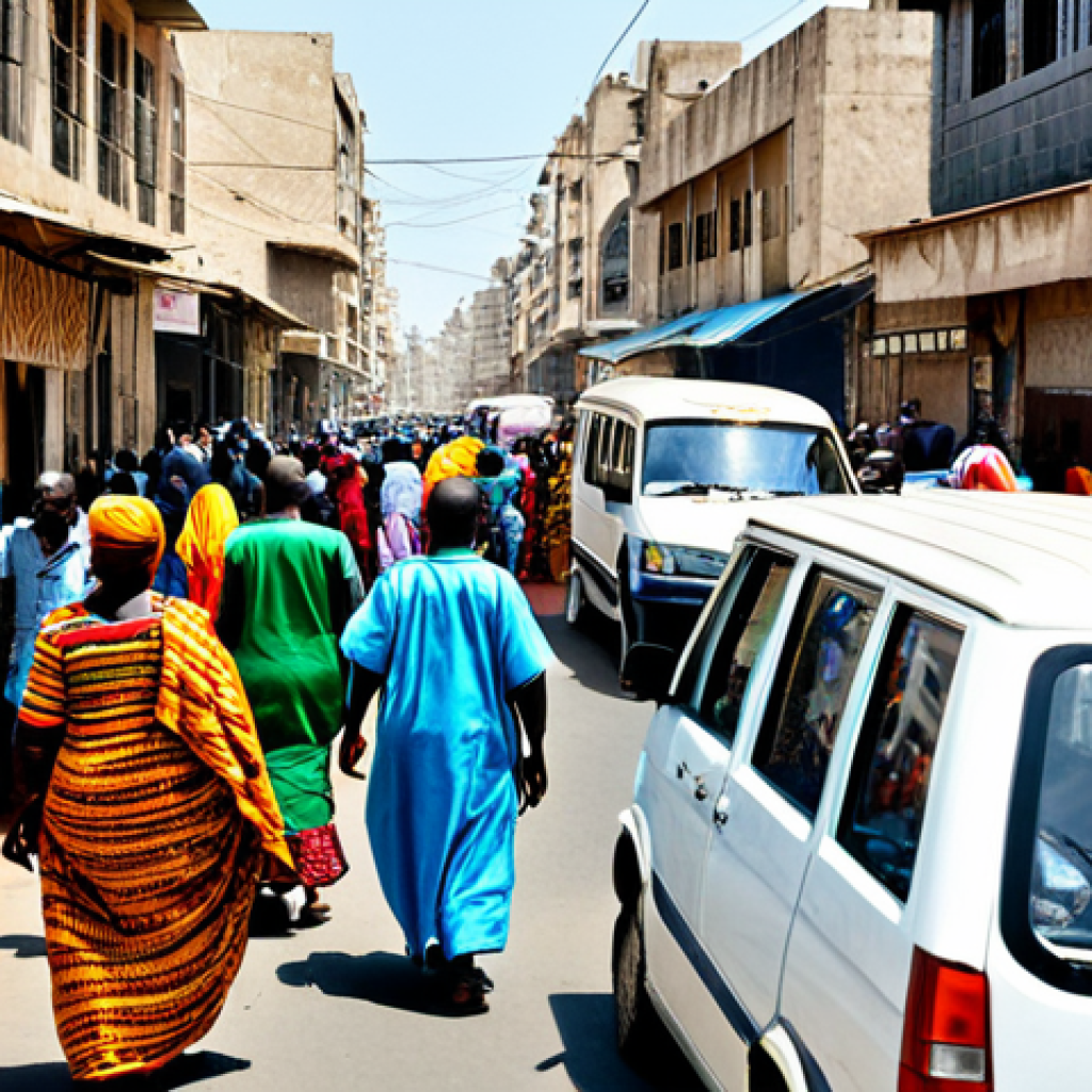 Dakar Street Scene** "A bustling street scene in Dakar, Senegal, during the daytime. Market stalls with colorful fabrics and local crafts line the street. People are dressed in modest, vibrant traditional Senegalese clothing. A "car rapide" (colorful minibus) drives by. Focus on the cultural richness and everyday life. Safe for work, appropriate content, fully clothed, professional photography, perfect anatomy, natural proportions, family-friendly." **