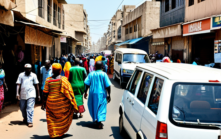 Dakar Street Scene** "A bustling street scene in Dakar, Senegal, during the daytime. Market stalls with colorful fabrics and local crafts line the street. People are dressed in modest, vibrant traditional Senegalese clothing. A "car rapide" (colorful minibus) drives by. Focus on the cultural richness and everyday life. Safe for work, appropriate content, fully clothed, professional photography, perfect anatomy, natural proportions, family-friendly." **