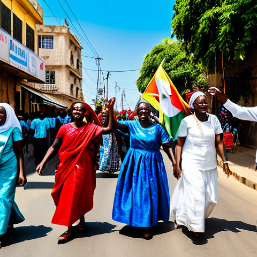Independence Day Celebration** "A vibrant street scene in Dakar, Senegal on Independence Day (August 20th). Senegalese flags are waving, people are dancing in traditional clothing, and a banner reads 'Indépendance!' Bright sunlight, joyous atmosphere, celebrating freedom. Safe for work, appropriate content, fully clothed, family-friendly, professional photography, perfect anatomy, natural proportions." **