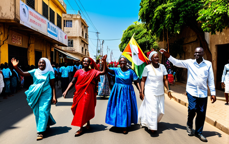 Independence Day Celebration** "A vibrant street scene in Dakar, Senegal on Independence Day (August 20th). Senegalese flags are waving, people are dancing in traditional clothing, and a banner reads 'Indépendance!' Bright sunlight, joyous atmosphere, celebrating freedom. Safe for work, appropriate content, fully clothed, family-friendly, professional photography, perfect anatomy, natural proportions." **