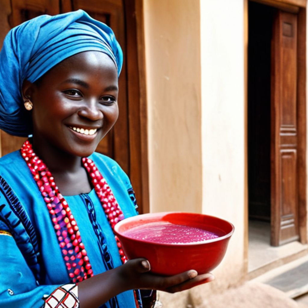 Welcoming Teranga** "A Senegalese woman in vibrant, traditional boubou attire, fully clothed, smiling warmly as she offers a bowl of bissap (hibiscus juice) to a visitor. Background shows a courtyard with colorful fabrics and traditional architecture. Safe for work, appropriate content, family-friendly, professional photography, perfect anatomy, correct proportions, natural pose, well-formed hands, proper finger count, natural body proportions, modest clothing." **