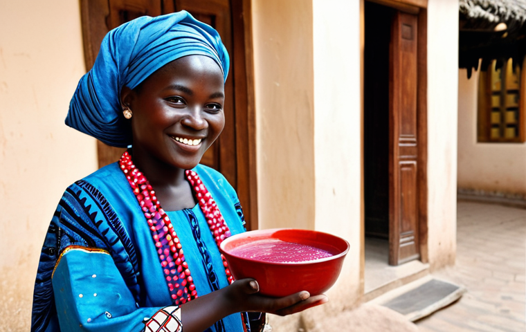 Welcoming Teranga** "A Senegalese woman in vibrant, traditional boubou attire, fully clothed, smiling warmly as she offers a bowl of bissap (hibiscus juice) to a visitor. Background shows a courtyard with colorful fabrics and traditional architecture. Safe for work, appropriate content, family-friendly, professional photography, perfect anatomy, correct proportions, natural pose, well-formed hands, proper finger count, natural body proportions, modest clothing." **