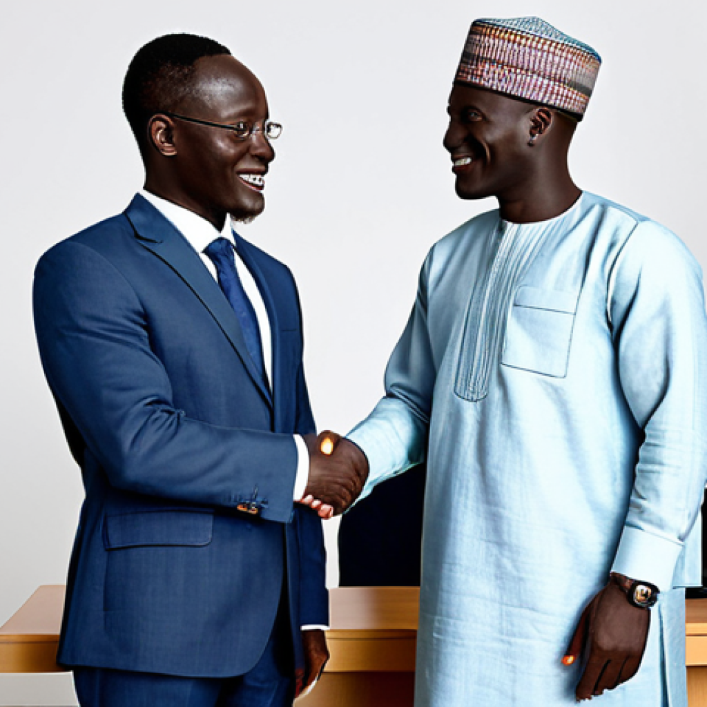 The Professional Meeting** "A professional businessman in a modest linen suit, shaking hands with a Senegalese counterpart in traditional attire at a modern office. Safe for work, appropriate content, fully clothed, perfect anatomy, natural proportions, professional business setting, high quality." **