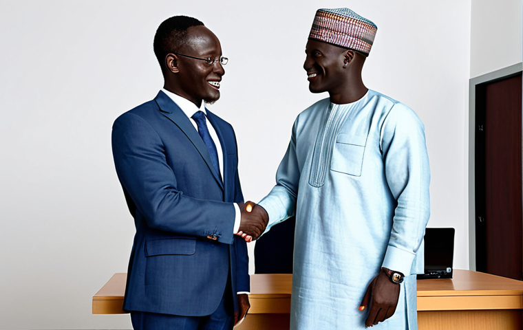 The Professional Meeting** "A professional businessman in a modest linen suit, shaking hands with a Senegalese counterpart in traditional attire at a modern office. Safe for work, appropriate content, fully clothed, perfect anatomy, natural proportions, professional business setting, high quality." **