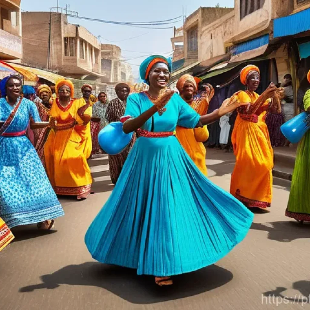 세네갈에서 음악과 문학 - **Vibrant Senegalese Mbalax Celebration** "A lively outdoor scene depicting a group of Senegales...