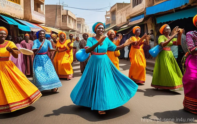 세네갈에서 음악과 문학 - **Vibrant Senegalese Mbalax Celebration** "A lively outdoor scene depicting a group of Senegales...