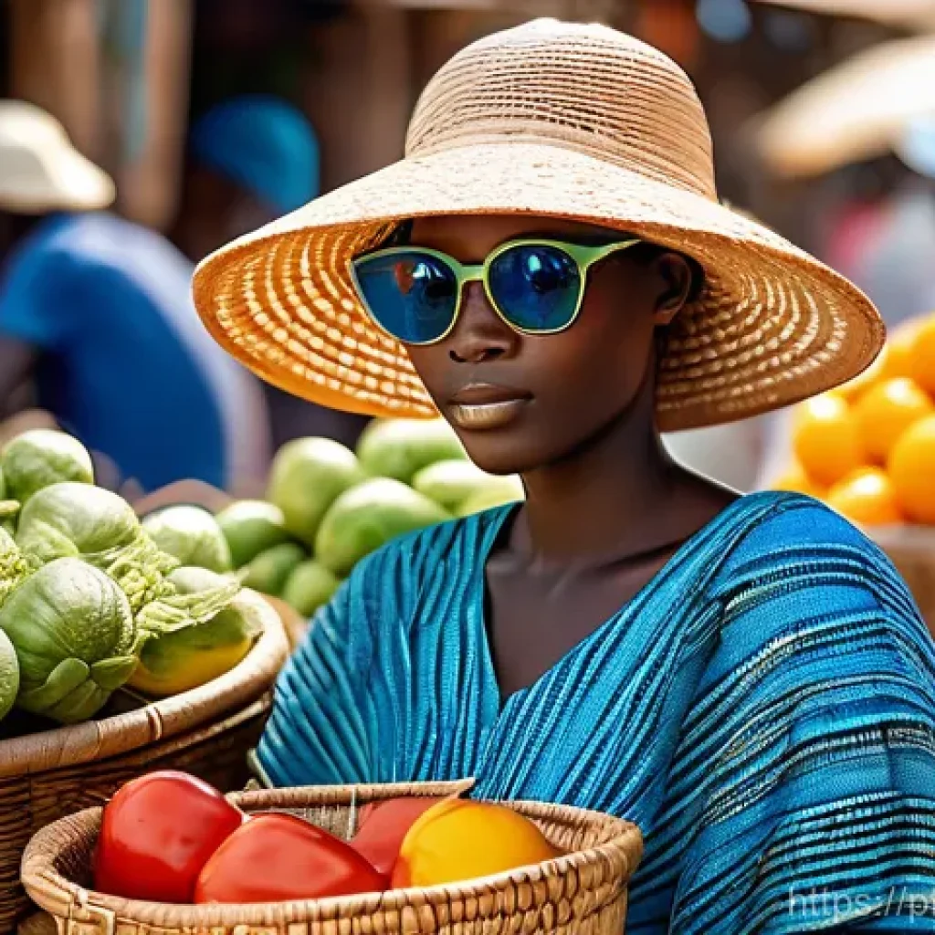 세네갈 여행 필수 준비물 - **Vibrant Senegalese Market Attire and Sun Protection** A young woman in her late 20s confidentl...