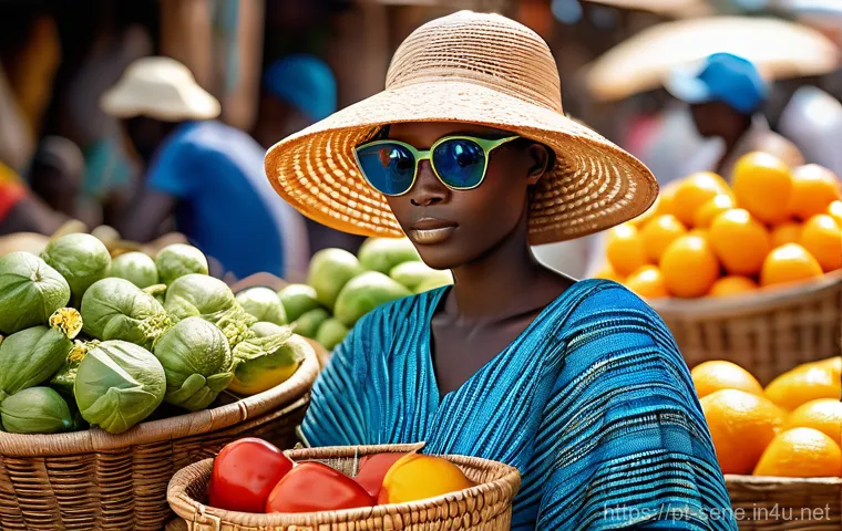 세네갈 여행 필수 준비물 - **Vibrant Senegalese Market Attire and Sun Protection** A young woman in her late 20s confidentl...
