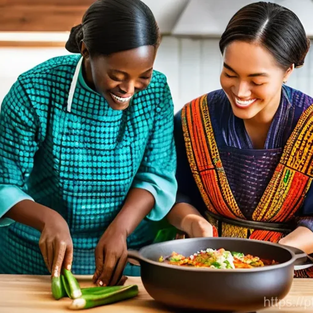 세네갈 한인 커뮤니티 - A vibrant kitchen scene where a Korean woman and a Senegalese woman, both dressed in modest, comfort...