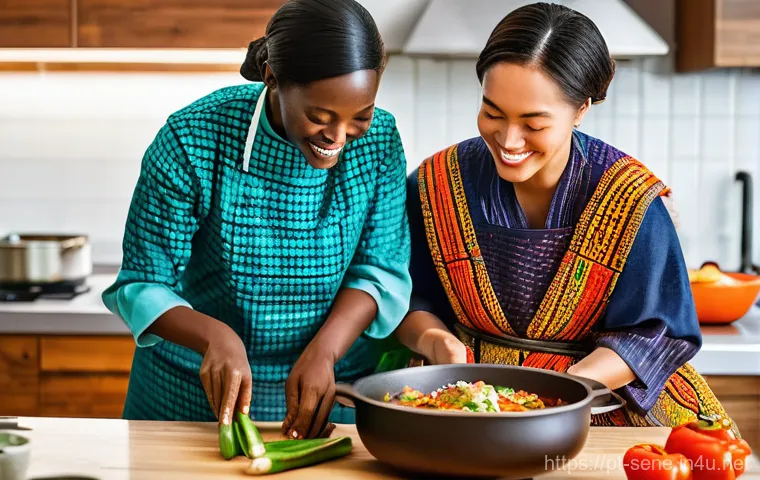 세네갈 한인 커뮤니티 - A vibrant kitchen scene where a Korean woman and a Senegalese woman, both dressed in modest, comfort...