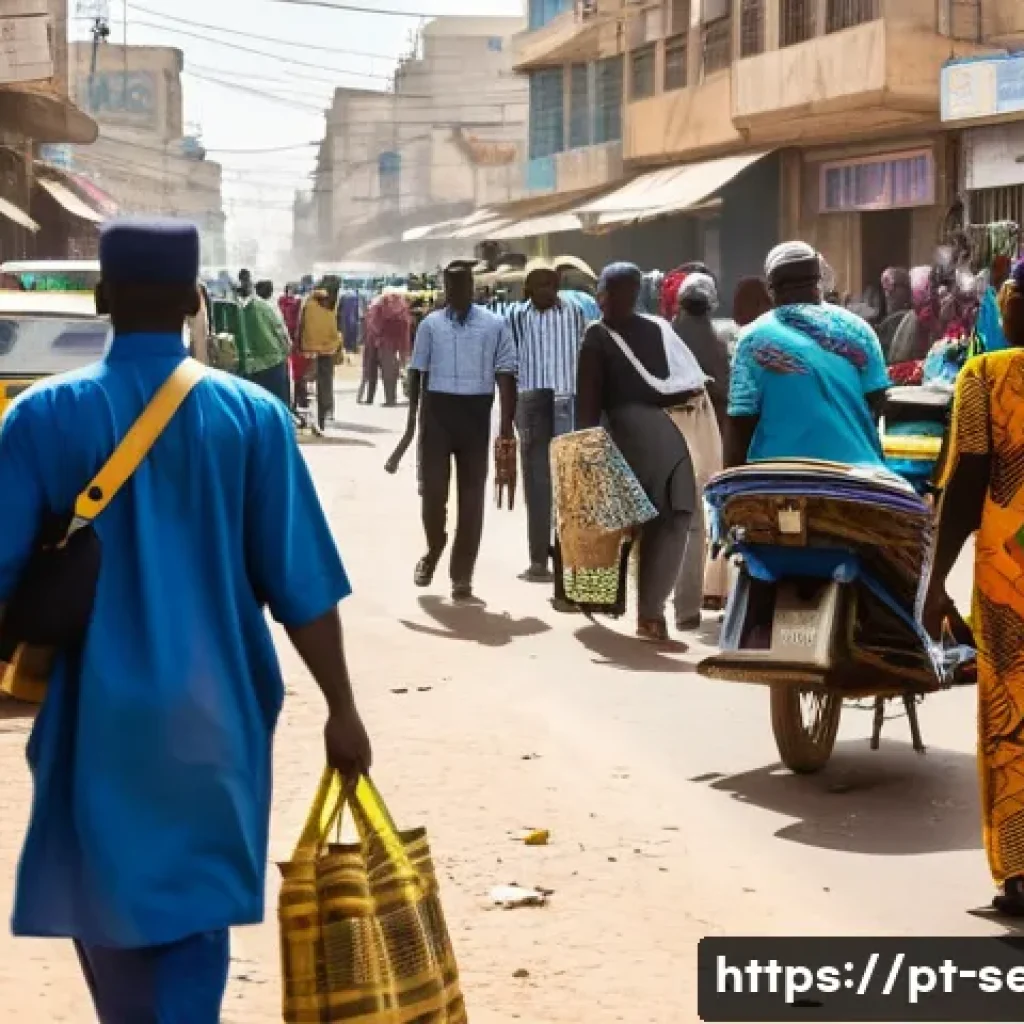 세네갈 치안 상황 - A bustling urban street scene in Dakar, Senegal, during daytime with diverse pedestrians wearing mod...