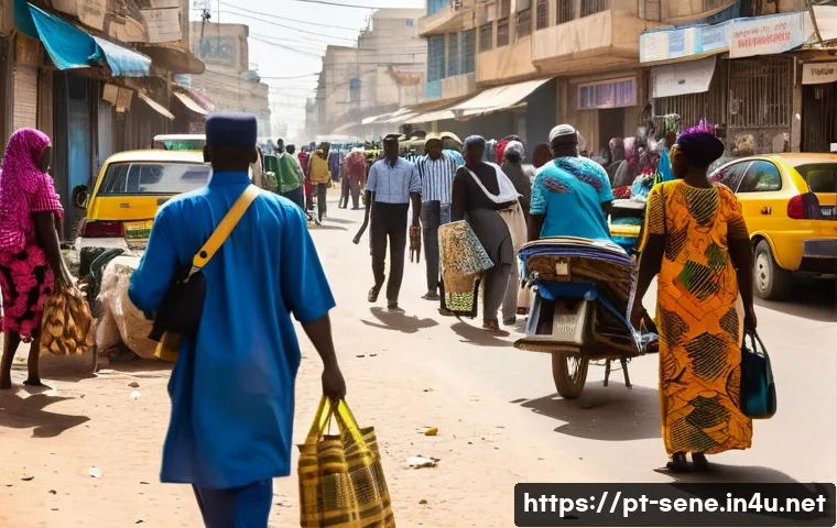 세네갈 치안 상황 - A bustling urban street scene in Dakar, Senegal, during daytime with diverse pedestrians wearing mod...