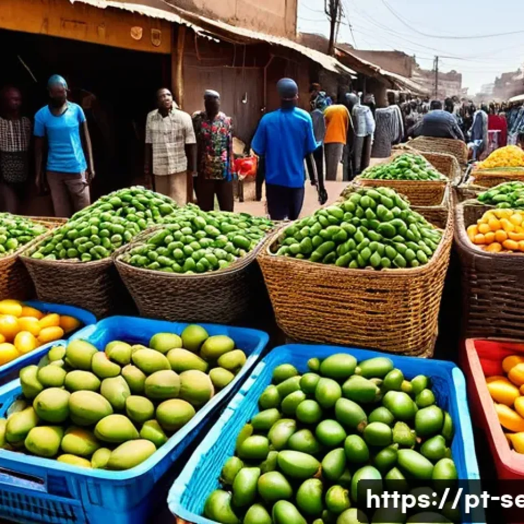 세네갈에서 물가 비교 - A bustling traditional Senegalese market scene in Dakar, vibrant and colorful, showing stalls filled...