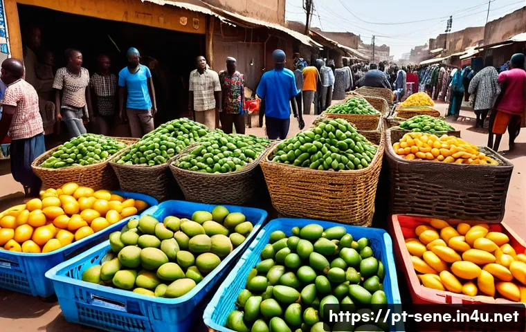 세네갈에서 물가 비교 - A bustling traditional Senegalese market scene in Dakar, vibrant and colorful, showing stalls filled...