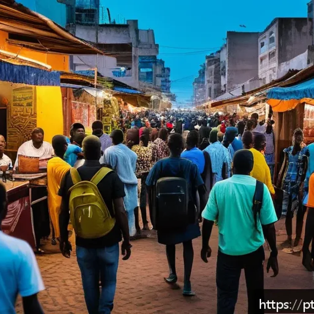 세네갈에서 피해야 할 장소 - A vibrant nighttime urban street scene in Dakar, Senegal, bustling with diverse crowds enjoying open...