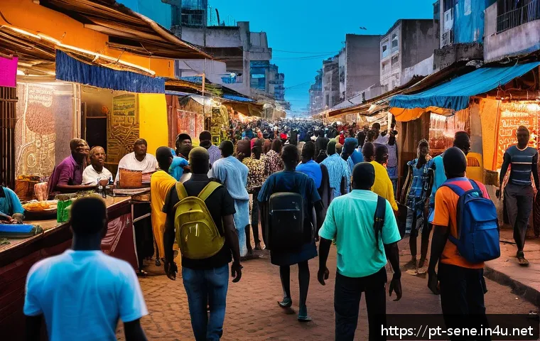세네갈에서 피해야 할 장소 - A vibrant nighttime urban street scene in Dakar, Senegal, bustling with diverse crowds enjoying open...